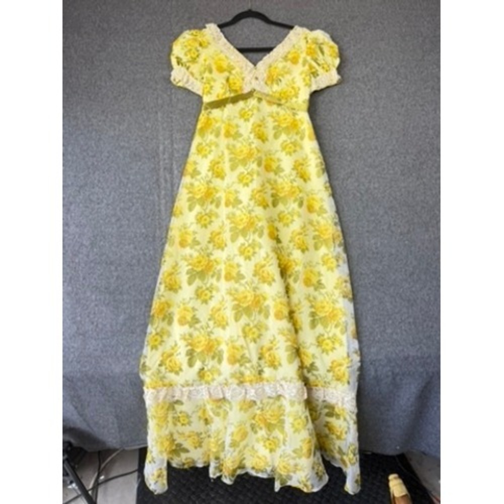 Vintage‎ Yellow Floral Lace Empire Waist Maxi Dress Cottagecore Prairie Gown